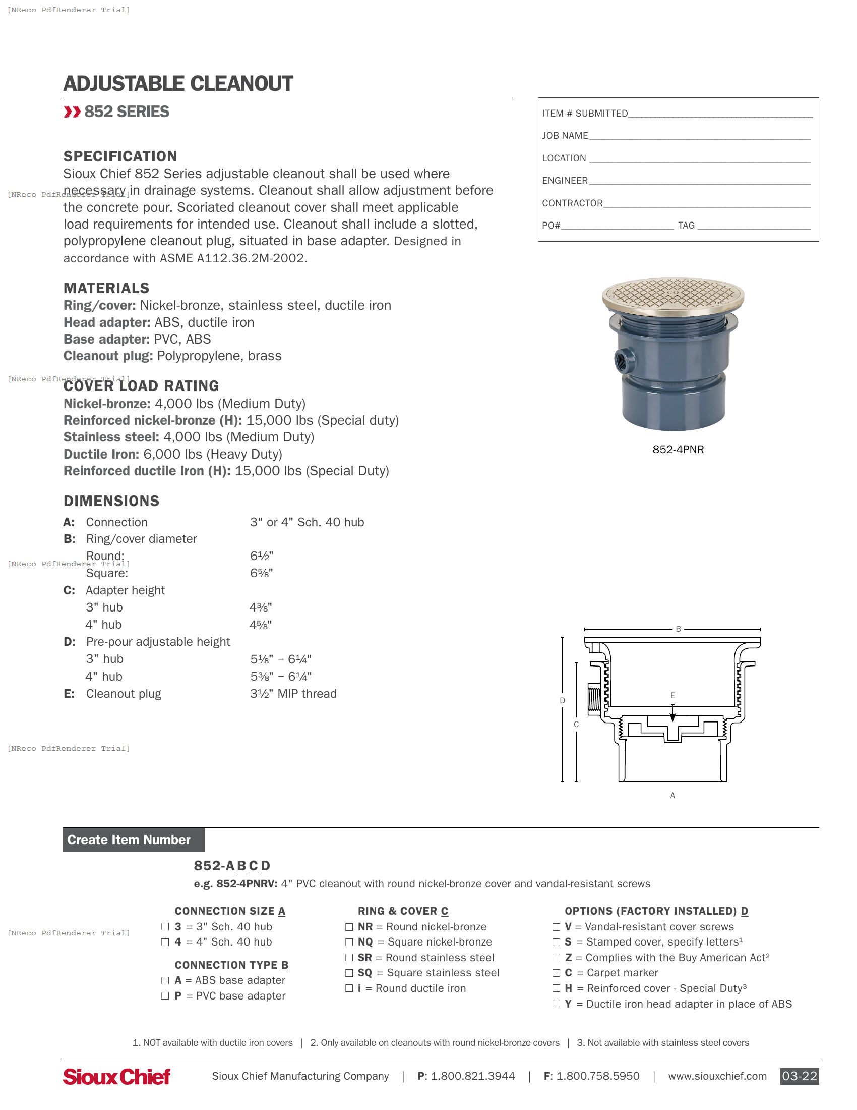 852 SERIES - ADJUSTABLE CLEANOUT - SPEC SHEET.PDF Specification Document
